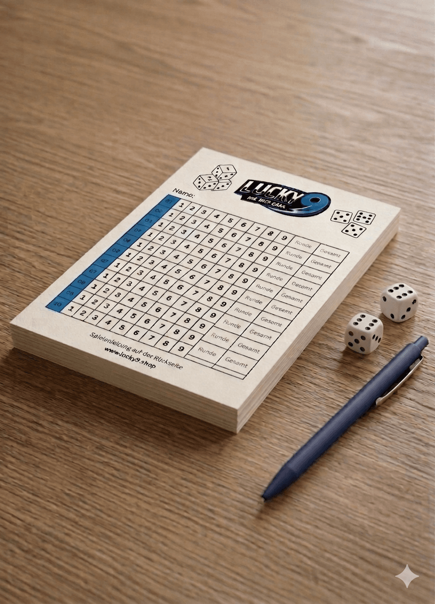 Lucky9 Spielblock mit Würfeln und Stift